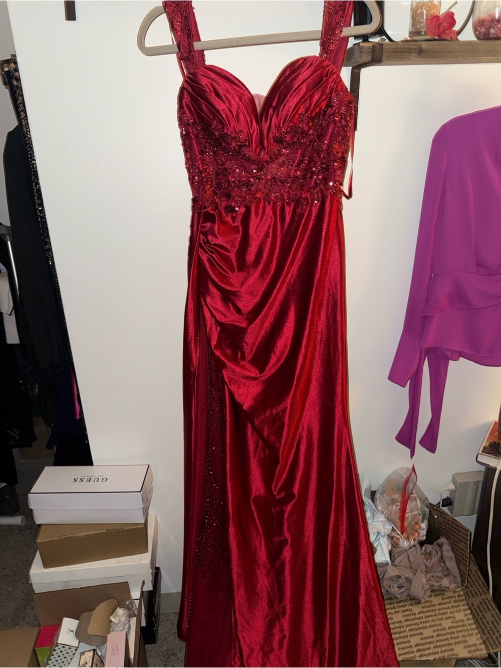 Cinderella Red Beaded Satin Prom Gown
